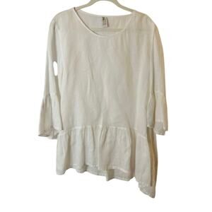 Camille & Co. 100% Linen Top Women's Large Asymmetrical Bell Ruffle 3/4 Sleeve